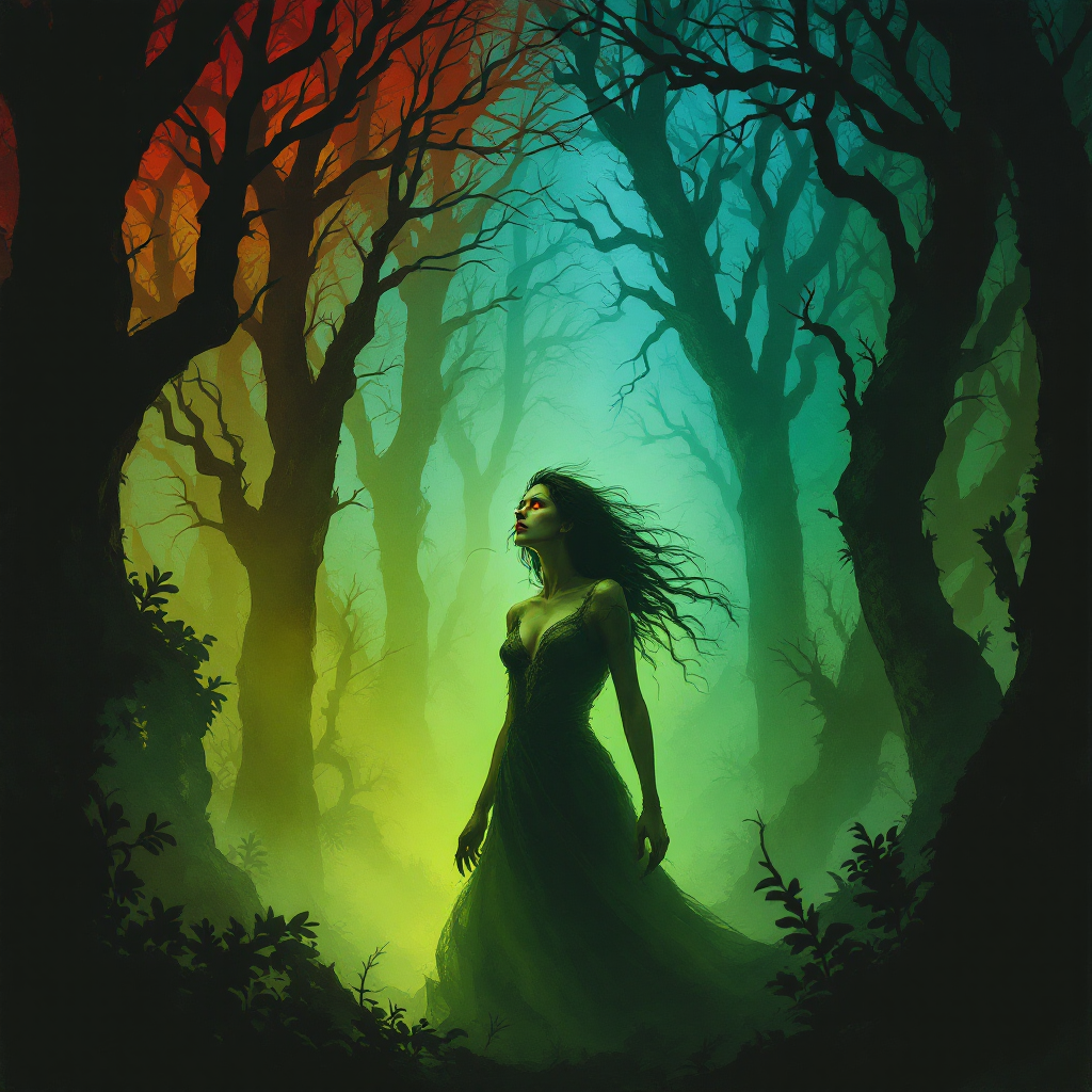 A silhouette of a woman stands in a mystical forest with twisted trees, bathed in vibrant green and orange lights, embodying the transformative power of fear and change.