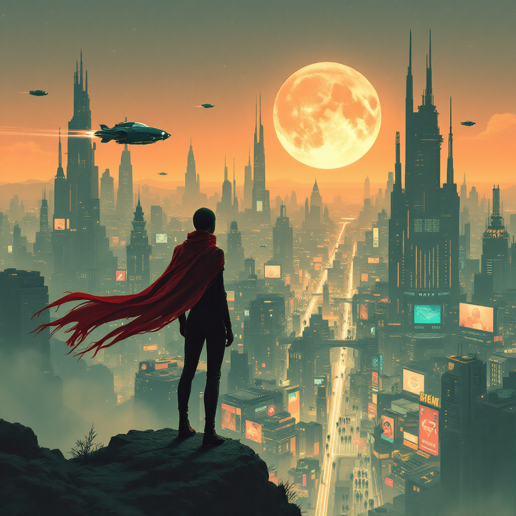 A figure stands on a rocky ledge, overlooking a futuristic city bathed in moonlight, wearing a red cape that billows in the wind, symbolizing the journey of finding one's own voice.