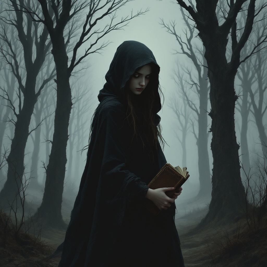 A hooded figure stands in a misty forest, holding a book. Dark, twisted trees loom around, evoking a sense of both fear and contemplation on courage.