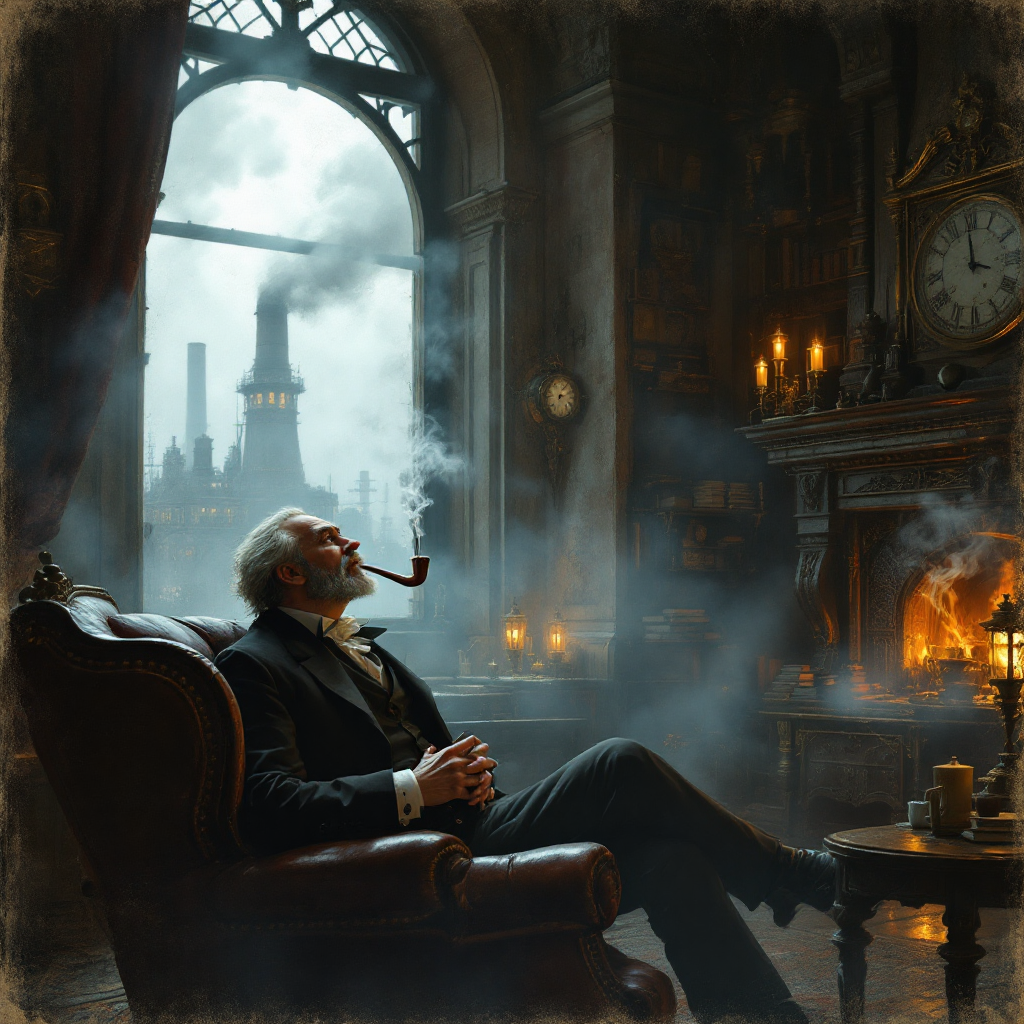 A thoughtful man lounges in a cozy, smoke-filled room, surrounded by dim light and vintage decor, embodying the quote, Life is far too important a thing ever to talk seriously about.