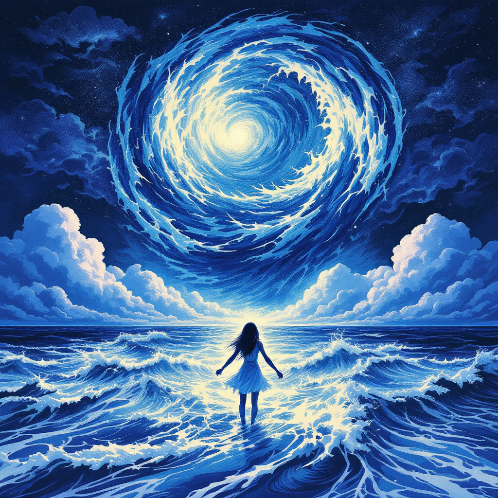 A figure stands in a swirling ocean under a dramatic sky, facing a luminous vortex overhead, embodying the courage to confront fear as highlighted in the quote.