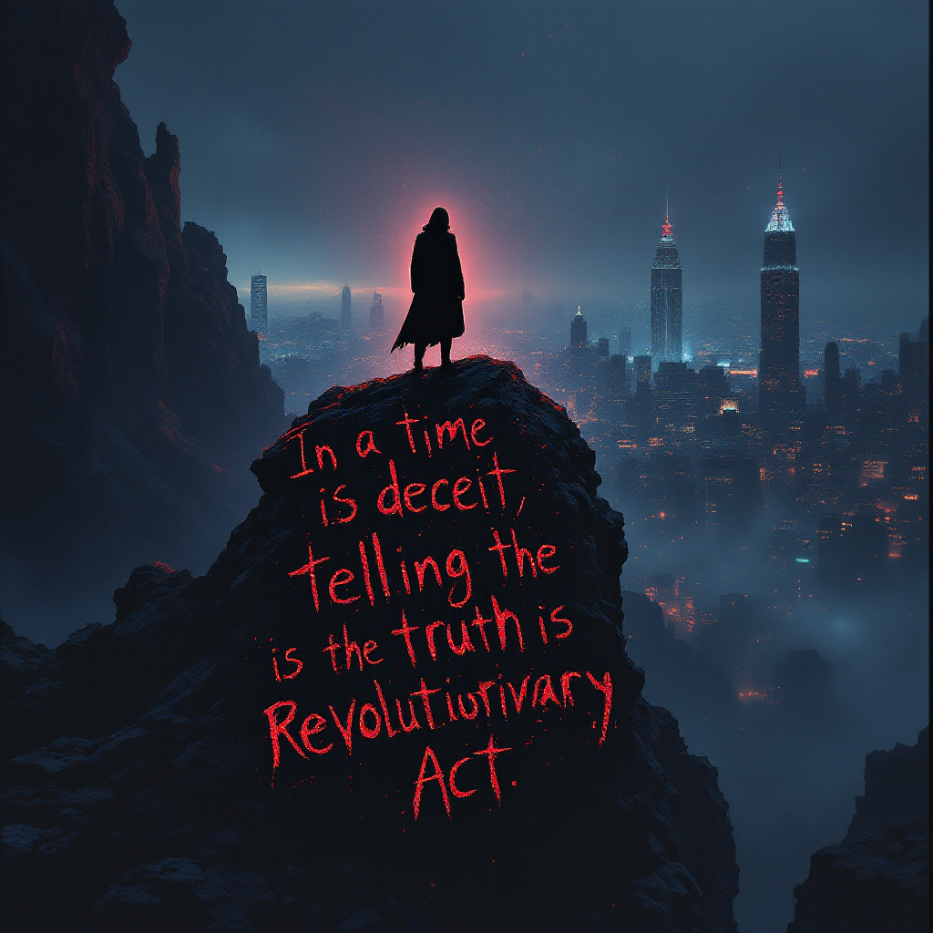 A silhouetted figure stands on a mountain peak overlooking a misty city skyline, with the quote In a time of deceit, telling the truth is a revolutionary act written in bold red text.