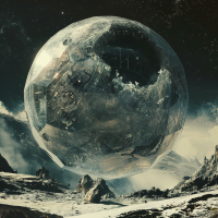 A titanic, reflective sphere resembling Earth's moon dominates a rocky alien landscape, mirroring its surroundings while hovering ominously.