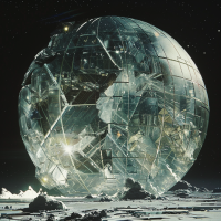A colossal, moon-sized polished sphere in space, reflecting light from its multifaceted surface, reminiscent of Earth's lost moon as described in literature.