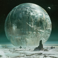 An enormous, polished spherical structure resembling Earth's moon hovers above a barren, icy landscape, reflecting its surroundings.