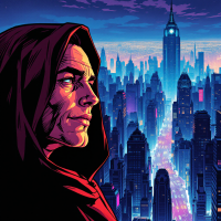 A hooded figure gazes over a vibrant, neon-lit city skyline, embodying the idea that guidance, not just intellect, shapes our path forward.