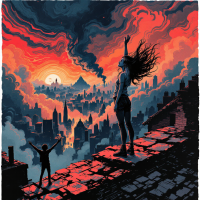 A vivid sunset illuminates a city skyline as two figures stand atop a rooftop, embracing the chaos and beauty of their surroundings, echoing the depths of the human experience.