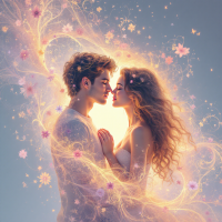 A couple leans in for a tender kiss, surrounded by a glowing aura of flowers and light, embodying the quote about love, sacrifice, and the importance of personal happiness.