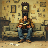 A young man sits on a vintage sofa, engrossed in a book, surrounded by an array of framed photos and a large clock, evoking a sense of nostalgia and introspection.