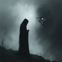 A cloaked figure stands in a misty landscape, facing a looming, ghostly visage with glowing eyes, embodying the struggle between fear and the essence of dread itself.