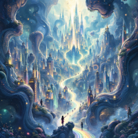 A fantastical landscape glimmers with ethereal light, featuring winding paths and towering castles, embodying the power of words igniting imagination and forgotten names.