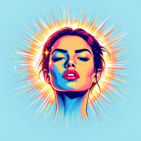 A vibrant, stylized portrait of a confident woman with closed eyes and a serene expression, surrounded by radiant light, embodying the essence of awakening through fear.