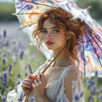 A young woman with curly hair holds a colorful parasol, standing amidst lavender flowers, embodying the quote about the allure of naivety and beauty.