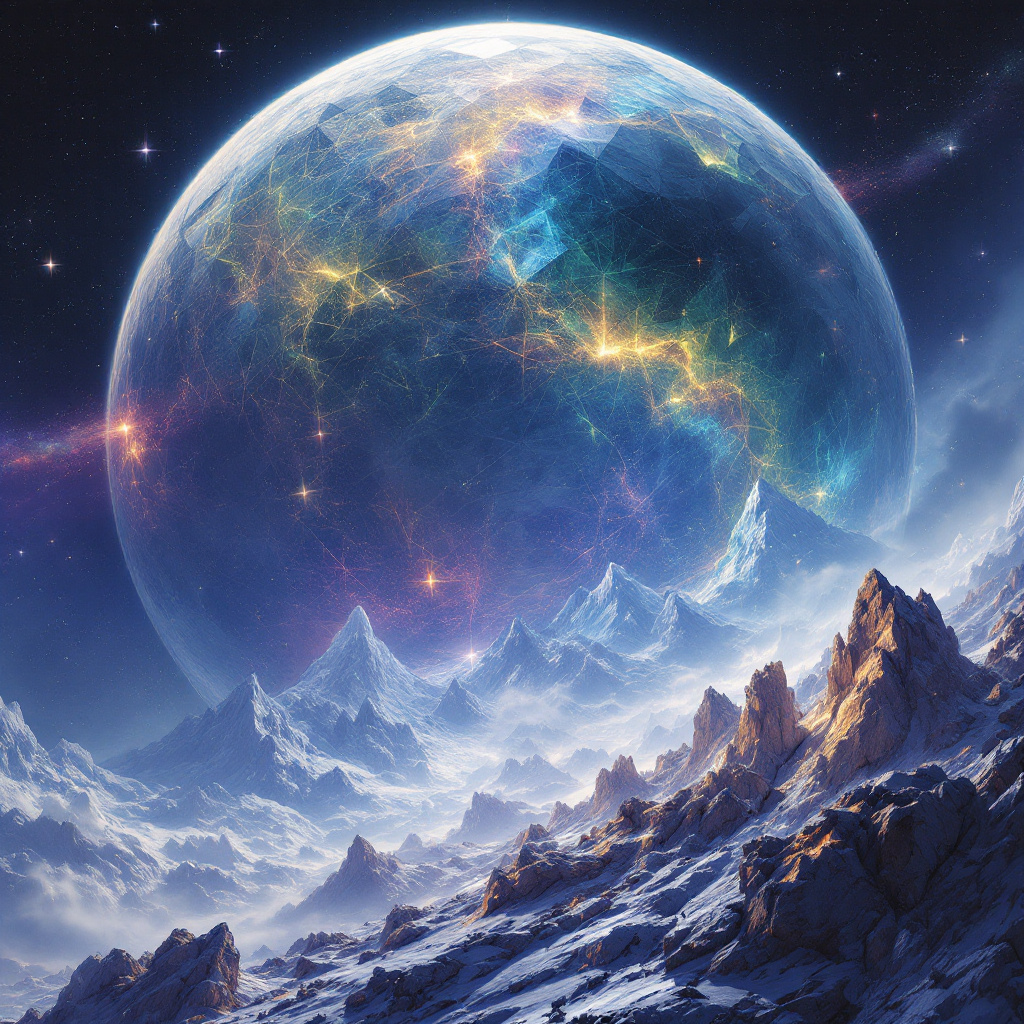 A colossal, crystalline moon emerges above a jagged mountain range, reflecting rainbow hues under a distant star, evoking a blend of machine and nature's grandeur.