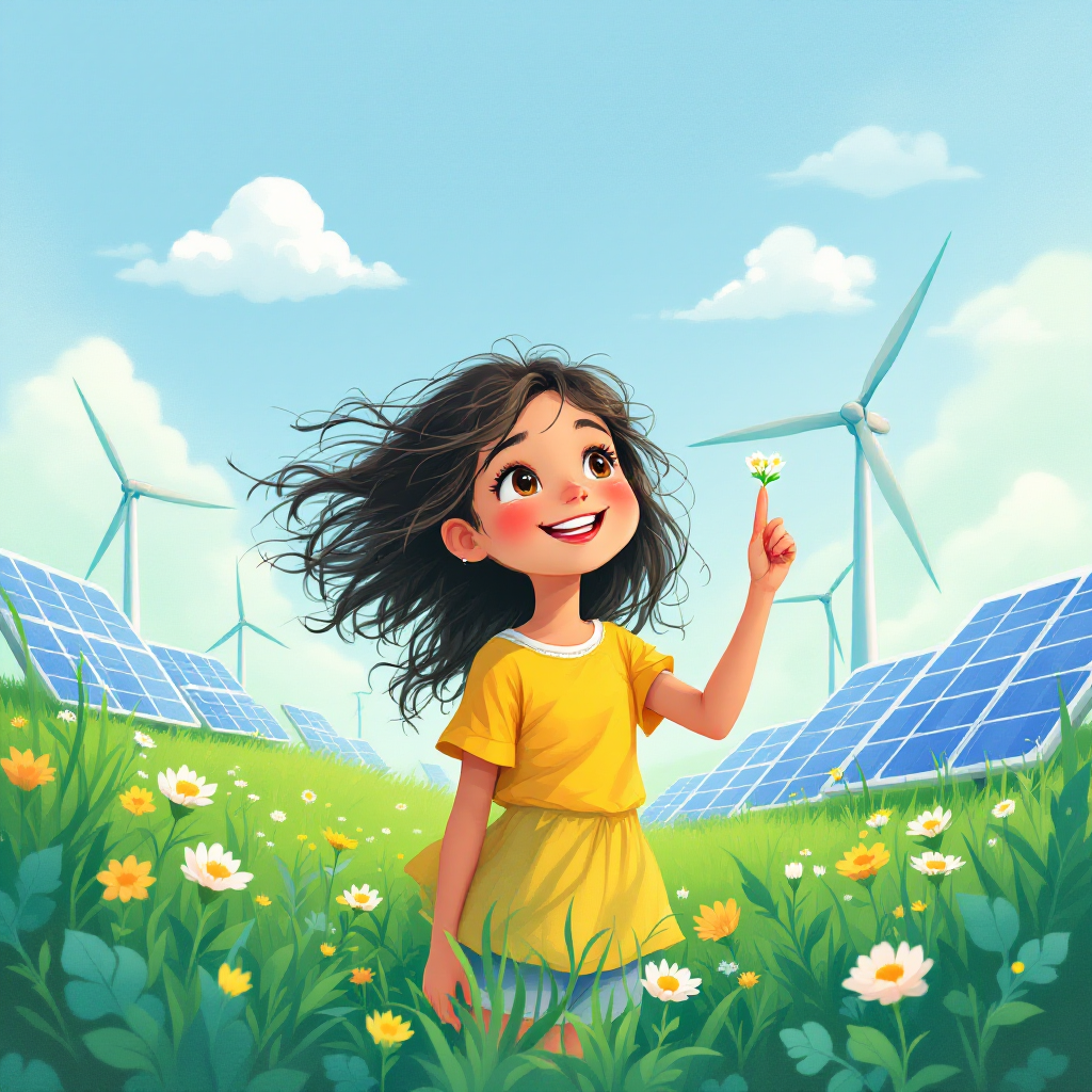 A joyful girl in a yellow dress stands amidst blooming flowers, smiling as she holds a daisy, with solar panels and wind turbines in the background, embodying hope for a sustainable future.