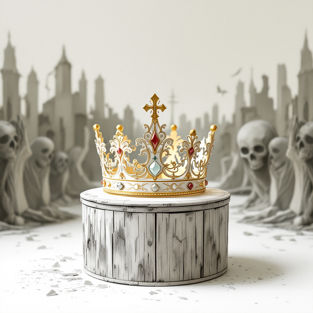 A golden crown adorned with jewels rests on a wooden pedestal, surrounded by a desolate landscape featuring ghostly figures and skulls, symbolizing the heavy burden of royalty.