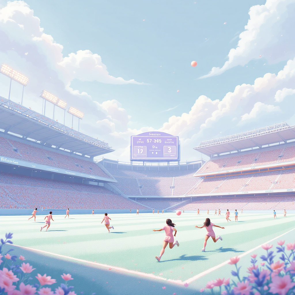 A vibrant stadium scene at dusk shows players running on the field, framed by a sky full of clouds, embodying the illusion and control of the sports world. Colorful flowers line the foreground.