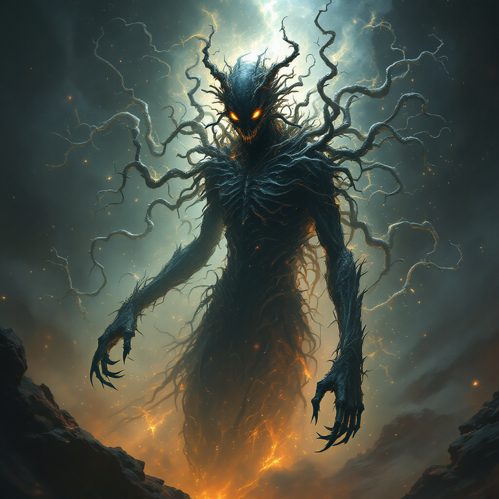 A shadowy figure with twisted branches for limbs and glowing eyes stands against a tumultuous sky, embodying the essence of diverse monstrous forms.