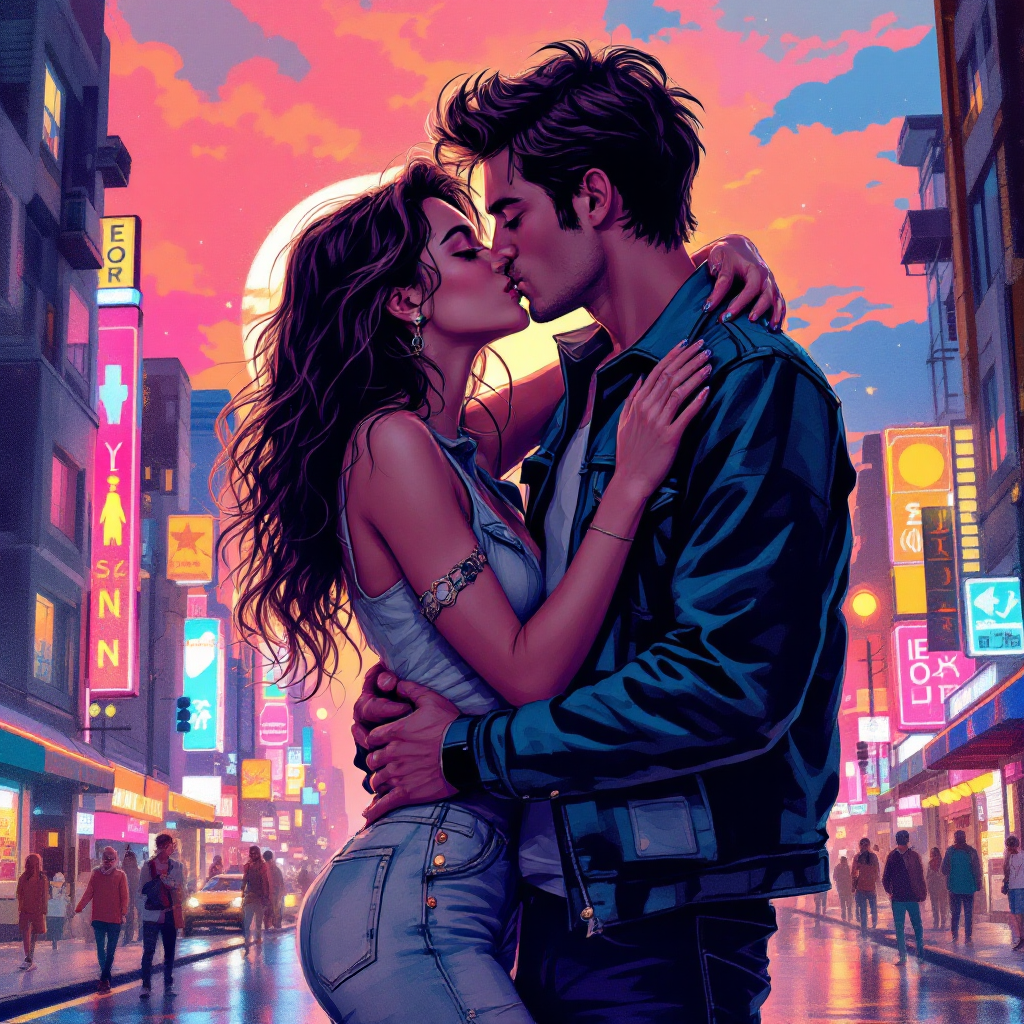 A couple shares a passionate kiss amidst a vibrant cityscape at sunset, embodying the essence of true love: being apart yet feeling connected as one.