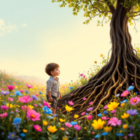 A young child stands amidst vibrant, colorful flowers, gazing at a large tree with deep roots, symbolizing the contrast between fleeting beauty and lasting stability.