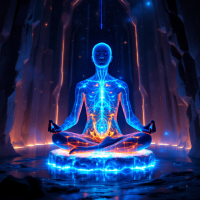 A glowing, ethereal figure meditates in a dark cavern, surrounded by vibrant blue and orange energy, symbolizing the journey of self-discovery and cosmic understanding.