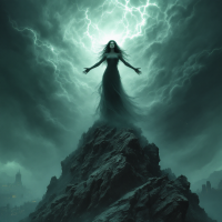 A dark figure stands on a jagged rock beneath a stormy sky, arms outstretched, as lightning illuminates the chaotic atmosphere, embodying the struggle of truth against power and deceit.