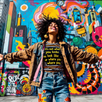 A young woman with curly hair stands in front of a vibrant mural, arms outstretched, wearing a shirt that reflects the quote about valuing actions over appearance.