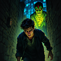 A tense scene depicts a young man in a dark alley, embodying internal conflict, while a threatening, glowing figure looms menacingly behind him, symbolizing fear and cowardice.