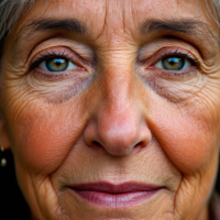 A close-up portrait of an older woman with warm brown eyes and subtle wrinkles, conveying wisdom and thoughtfulness, reflecting the quote about the weight of choices and their consequences.