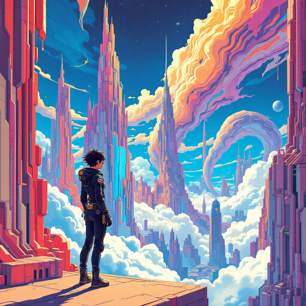 A figure stands on a ledge overlooking a vibrant landscape of towering, colorful structures and swirling clouds under a starry sky, embodying the quote about reality as a realm of possibilities.