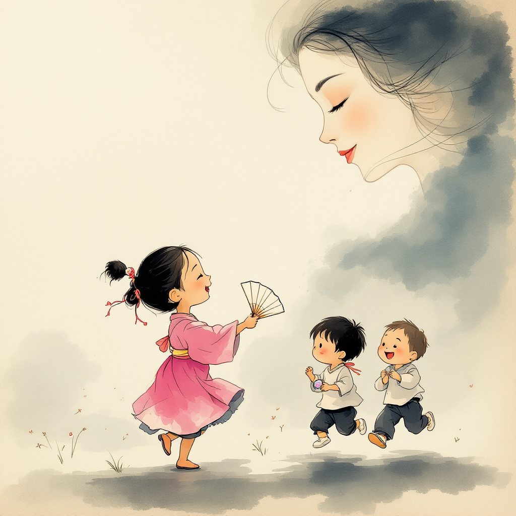 A whimsical illustration features a young girl in a pink hanbok with a fan, playfully leading two boys, while a nurturing, ethereal figure watches over them, embodying healing through childhood joy.