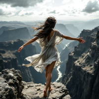 A woman in a flowing dress stands on a rocky ledge, arms outstretched, overlooking a vast canyon under a dramatic sky, embodying the essence of daring and self-discovery.