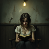 A young woman sits in a dim room, absorbed in a book under a solitary light bulb, embodying the struggle between confronting truth and embracing lies.