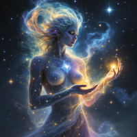 A celestial figure with flowing hair and a starlit form holds glowing orbs, embodying the idea of choosing one's own path amidst the vastness of the universe.