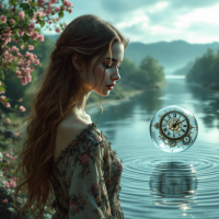 A serene river scene features a young woman in a floral dress, reflecting on time, as a floating clock in a glass orb creates ripples on the water's surface.