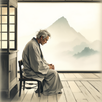 An elderly man in traditional attire sits contemplatively on a wooden chair, gazing out at a serene landscape with misty mountains, embodying the essence of self-authorship.