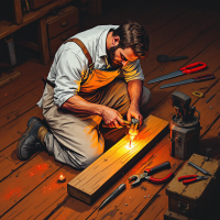 A focused craftsman kneels on a wooden floor, skillfully working on a glowing piece of wood, surrounded by tools, embodying the quote about doing things right.