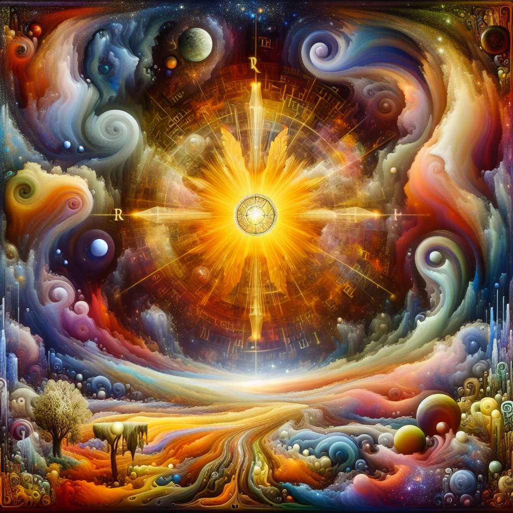 A surreal, vibrant landscape features a radiant sun at the center, surrounded by swirling cosmic colors and abstract forms, creatively illustrating the concept that truth is a matter of imagination.