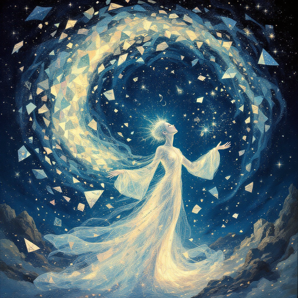 A luminous figure in flowing attire stands amidst a starry sky, surrounded by swirling geometric patterns, embodying the power of words and melody to awaken the mind and heart.