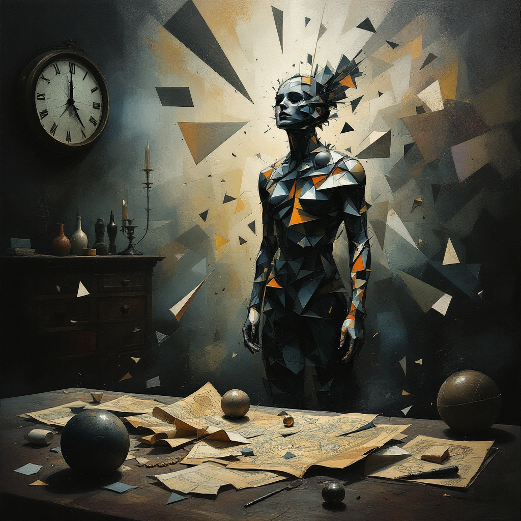 A figure composed of geometric shapes stands amidst scattered papers and objects, illuminated by a dramatic light, symbolizing moments of decision that shape futures.