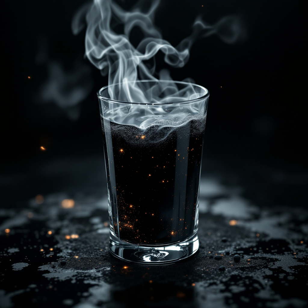 A glass of steamy, dark beverage with swirling smoke and glimmers of light, inspired by the rich flavor of clee made from ground worldtree seeds.