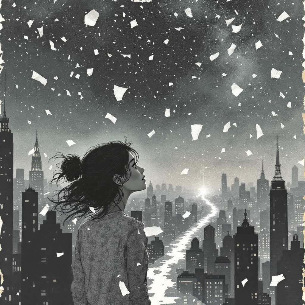 A girl stands on a rooftop, gazing at a sprawling city under a snowfall, embodying the journey of crafting a life within a larger universe.