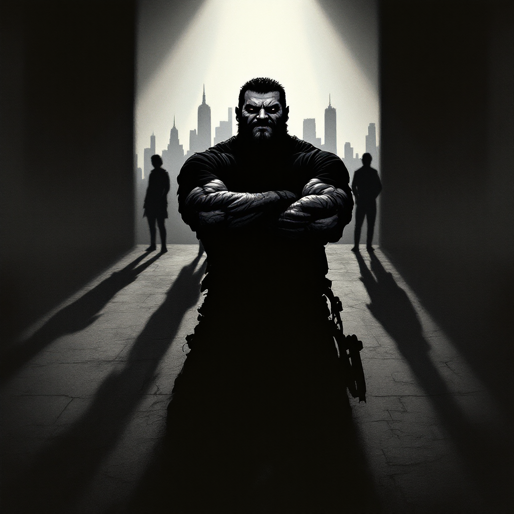 A muscular man stands confidently in the foreground, arms crossed, with a city skyline behind him. Shadows create a dramatic atmosphere, echoing the quote, I’m not a robot, I’m a man!