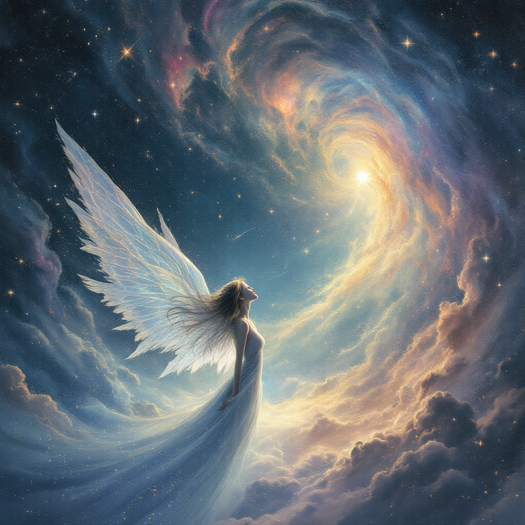 A celestial scene depicts a figure with angelic wings, gazing toward a swirling galaxy, embodying the quote “To the stars who listen—and the dreams that are answered.”