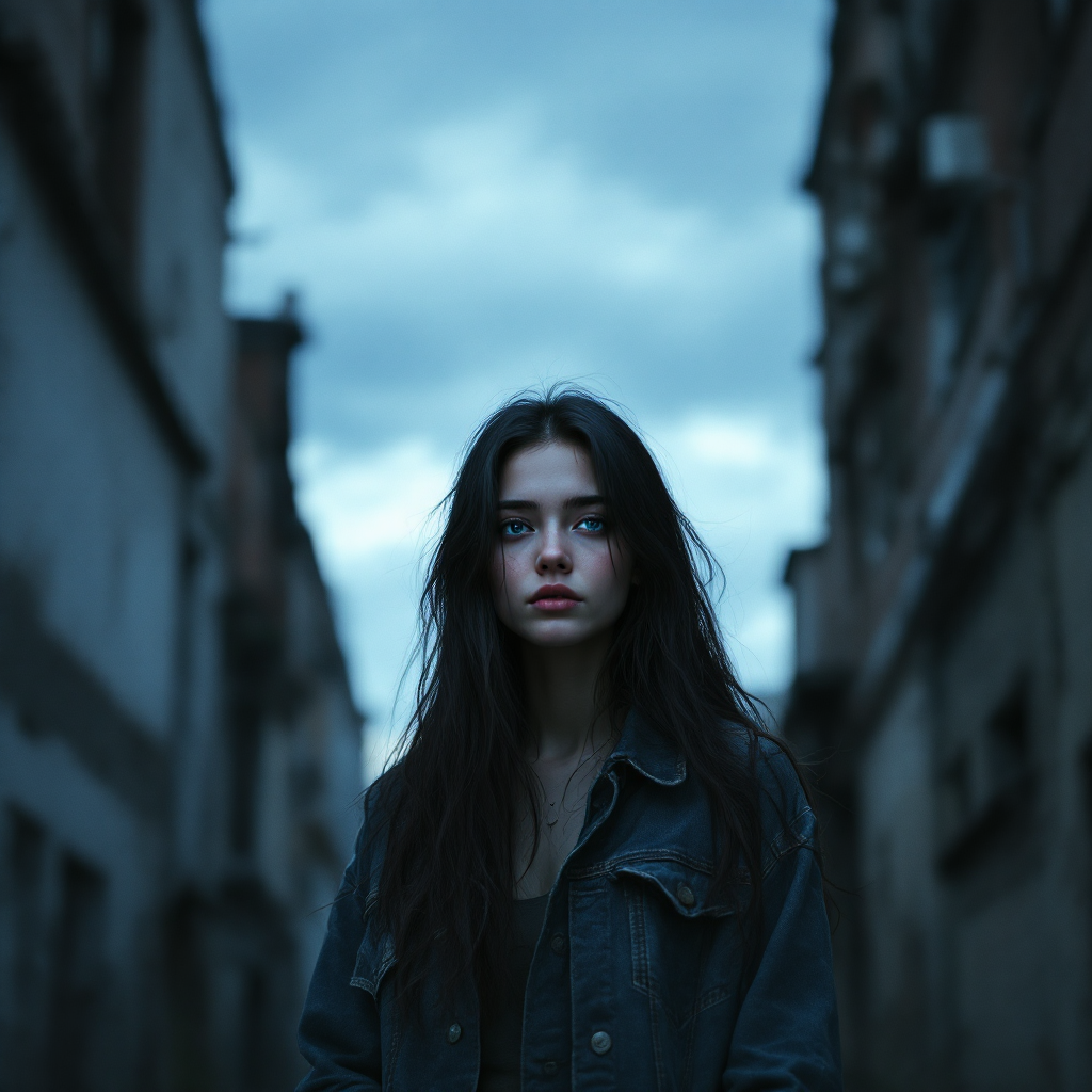 A young woman stands alone in a dimly lit alley, her expression reflective and intense, embodying the isolation and introspection highlighted in the quote about high school experiences.