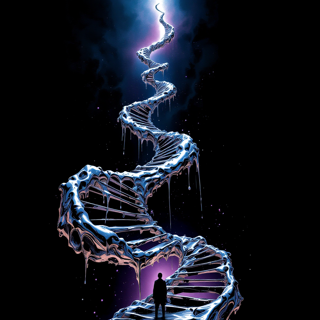 A figure stands at the base of a spiraling staircase made of DNA, illuminated by a mystical light above, symbolizing the ascent through chaos, reflecting the quote about chaos as a ladder.