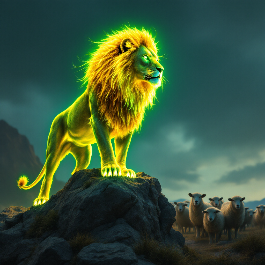 A glowing lion stands majestically on a rock, overlooking a group of sheep in a dark, dramatic landscape, embodying the spirit of the quote, A lion does not concern himself with the opinion of sheep.