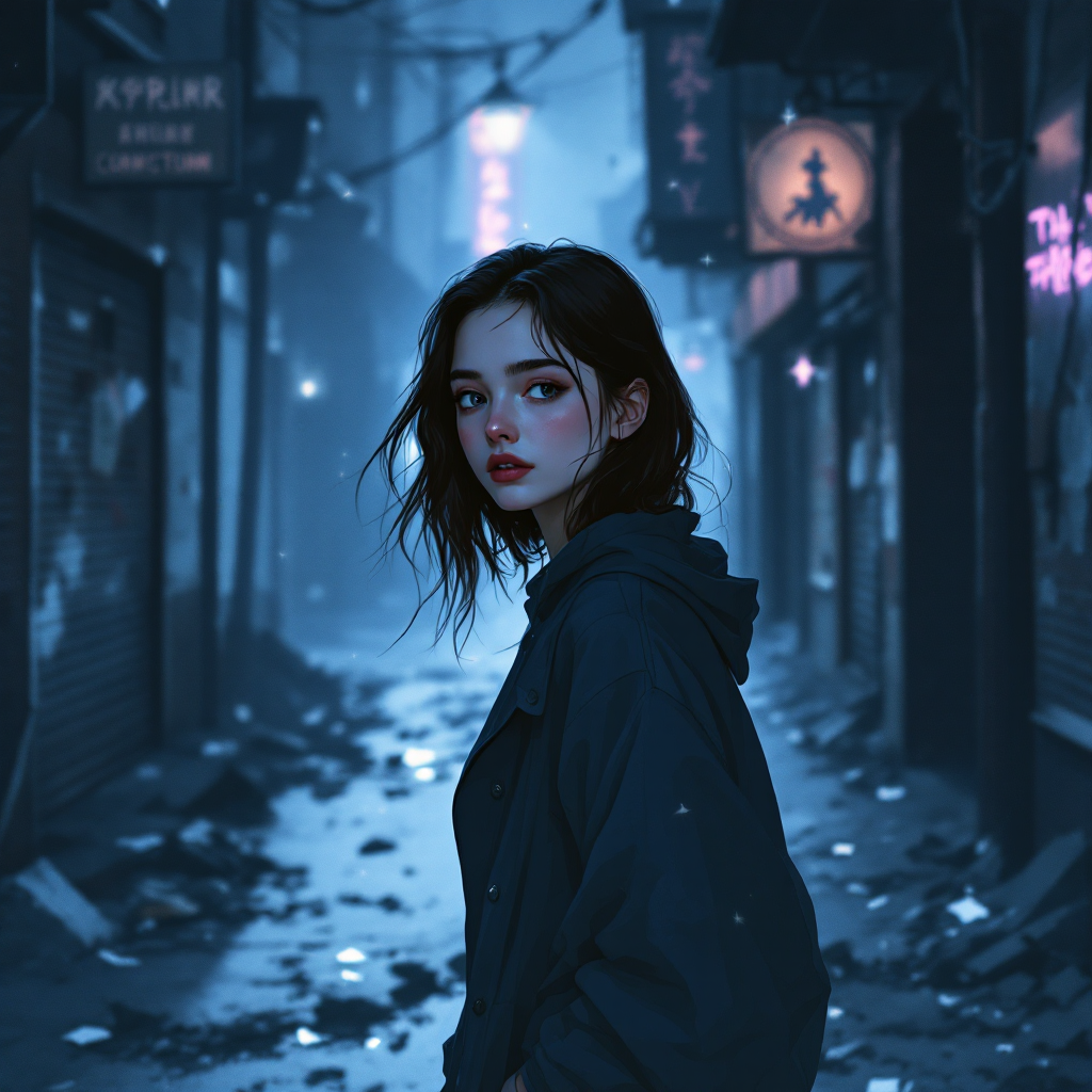 A young woman stands in a dimly lit alley, her expression reflective and slightly melancholic, evoking the sentiment of living for two months on a good compliment amidst the urban decay.