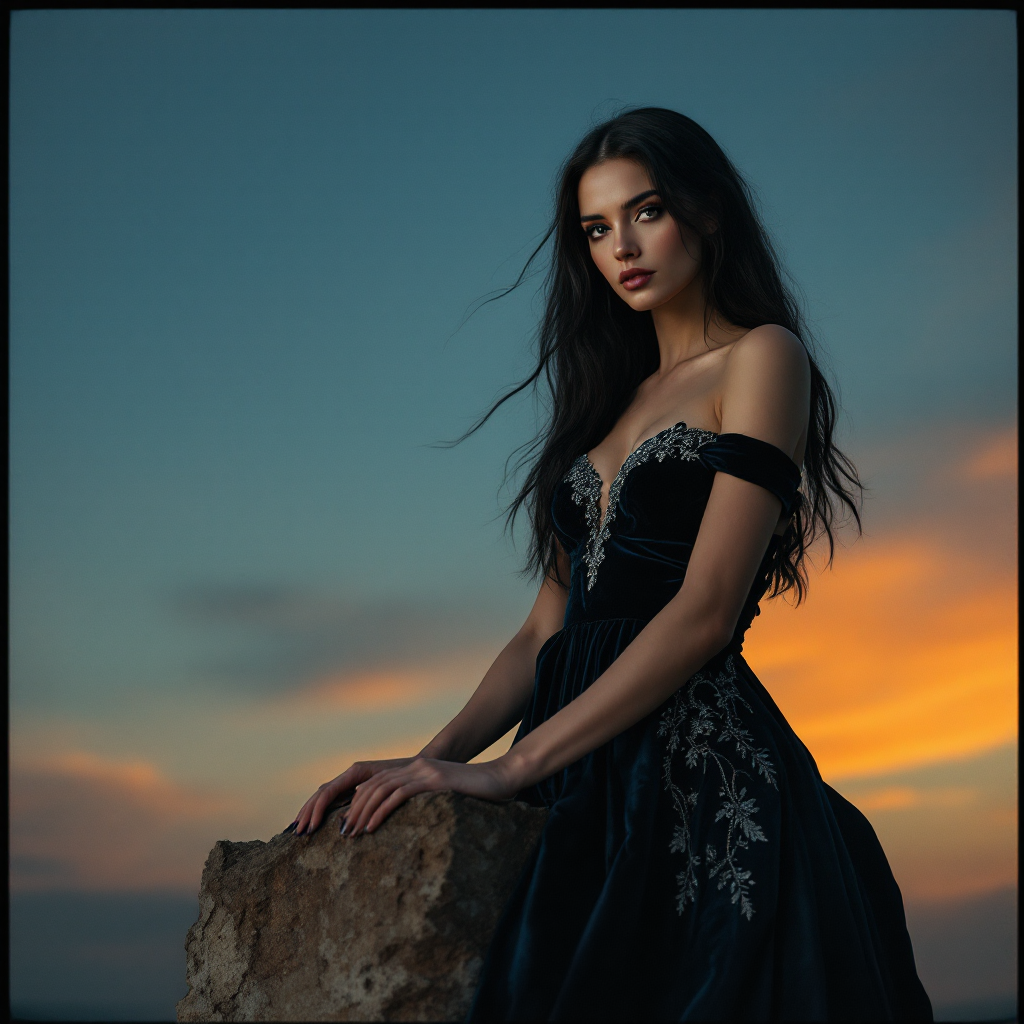 A contemplative woman in an elegant dark gown poses against a sunset backdrop, embodying the essence of the quote about mercy and belief in gods.