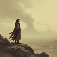 A cloaked figure stands on a rocky ledge, gazing into a vast, hazy landscape with distant mountains and smoke rising, embodying the spirit of adventure amidst uncertainty.